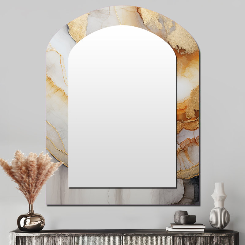 Beige And Orange Minimalism Stone Geode I - Stone Geode Asymmetrical Wall Mirror, Beige Arch Decorative Mirror, Printed Metal Art