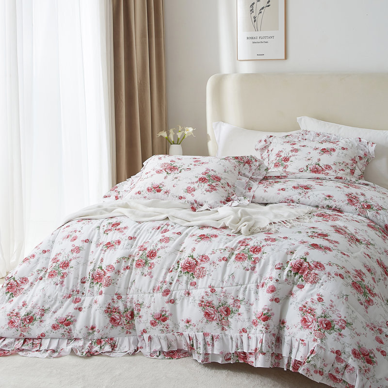 Microfiber Floral Print Comforter Set, Queen Comforter + 2 Pillowcases