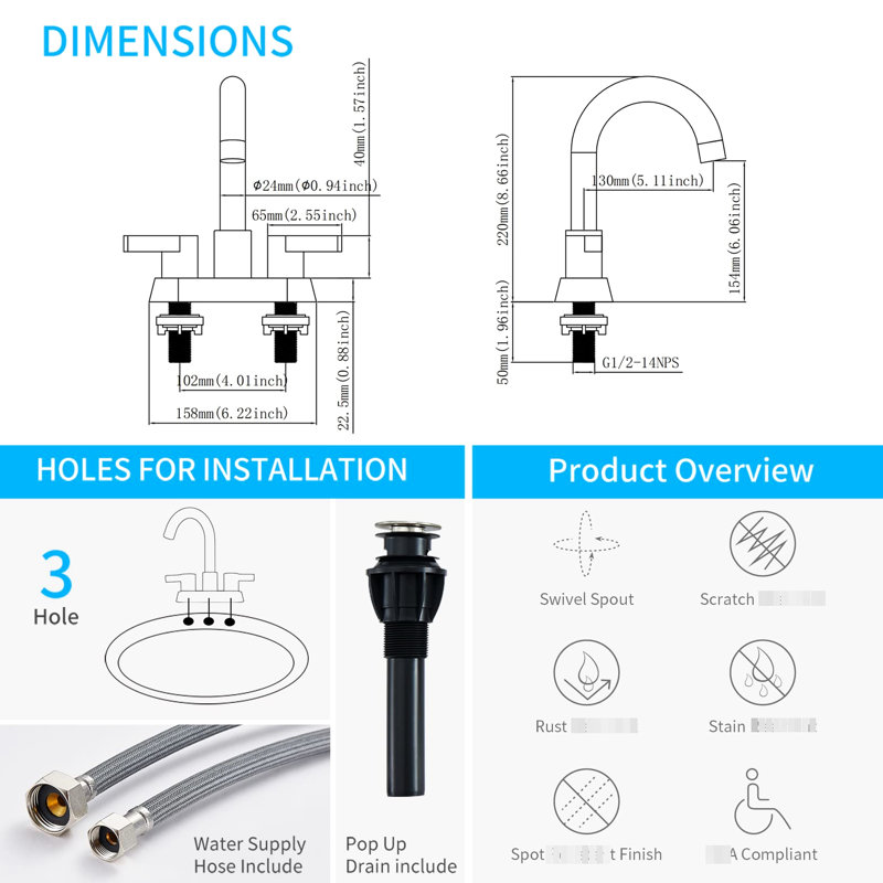 Brushed Nickel Bathroom Vanity Faucet - 2 Handles, High Arc Spout, Easy To Adjust Water Flow Lavatory In 360 Swivel, With Pop Up Drain And Supply Hose