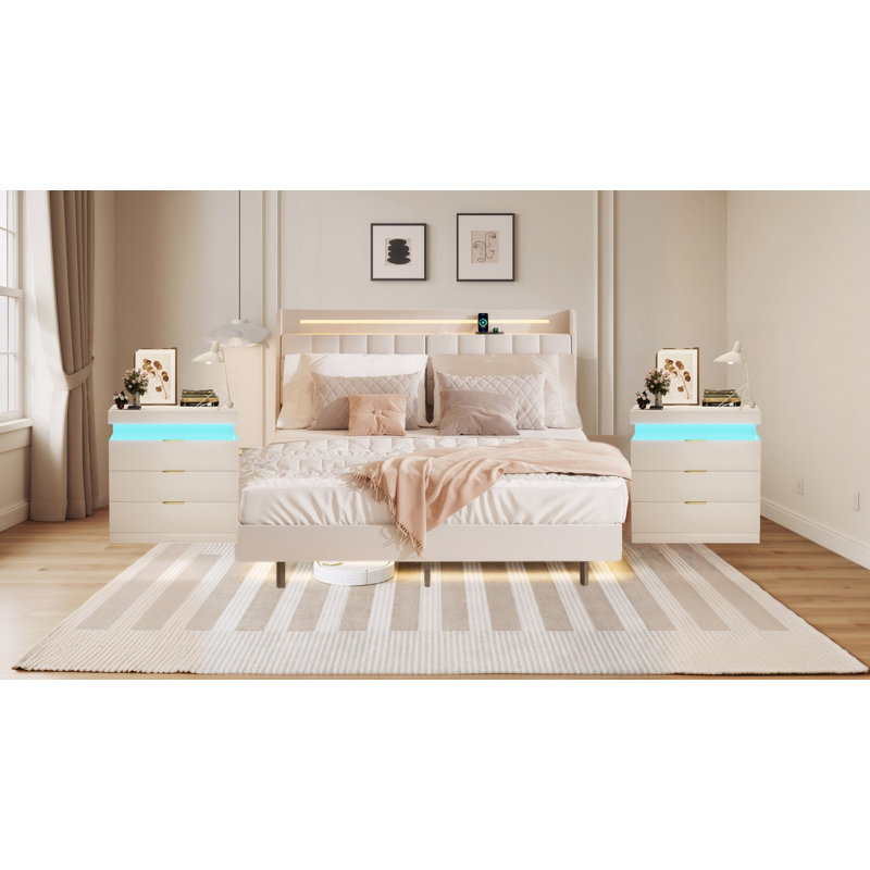 3-Pieces Bedroom Sets,Floating Bed Frame With LED Light And Charging Station  And Two Nightstands With Charging Station