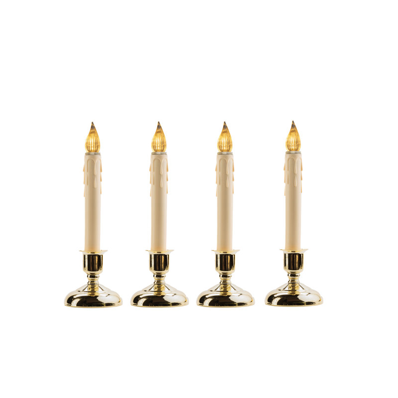 Unscented Flameless Taper Candle with Plastic Holder, Ivory/Brass