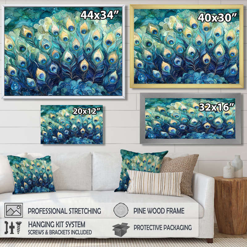 «Blue and Green Peacock Feather Collage III», art mural oiseau, H 30 po x l 40 po, Toile tendue, Ne s’applique pas