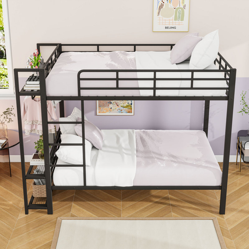 Full Over Full Metal Bunk Bed With LED Lights And Storage Shelves, Black