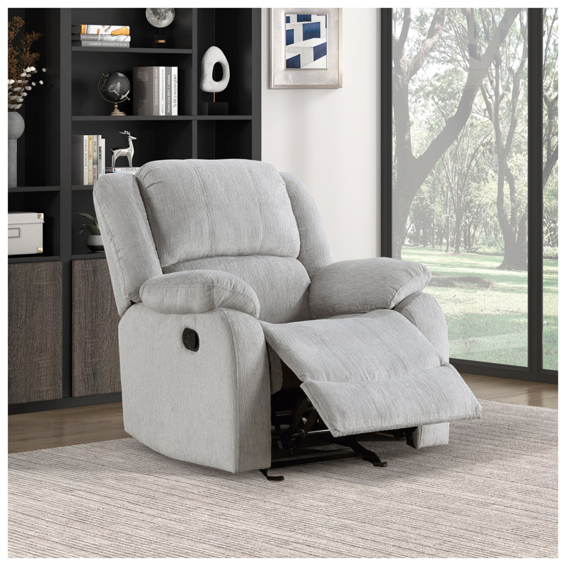 Fauteuil inclinable coulissant moderne en chenille gris avec accoudoirs à plateau-coussin et structure en bois massif