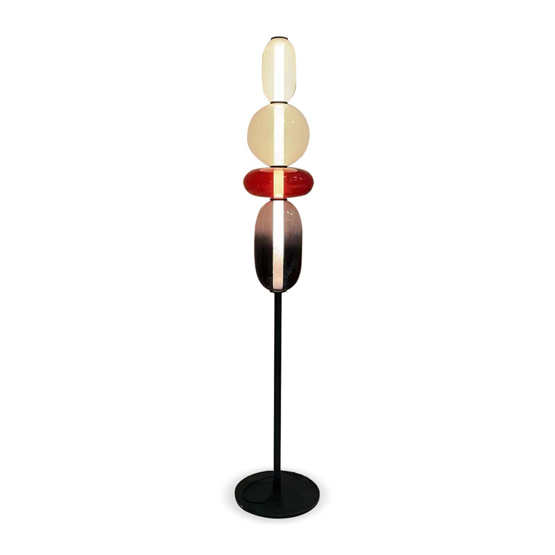 Noir / rouge + fer blanc + lampes sur pied en verre