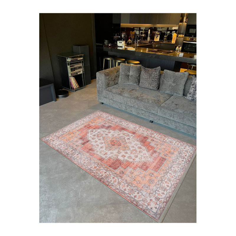 Tapis décoratif lavable à la machine à motif traditionnel orange, Rectangle 2 pi 6 po x 4 pi 11 po