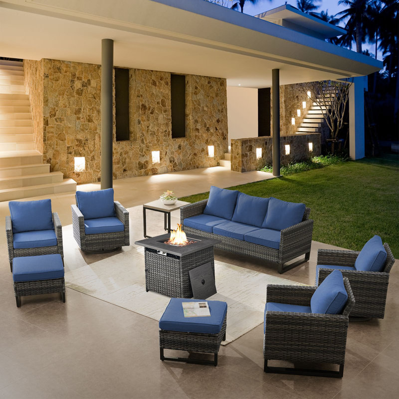 Naresa 9-Piece Outdoor Wicker Furniture Set  3-Seat Sofa & Fire Pit For Cozy Backyard Gatherings, Blue