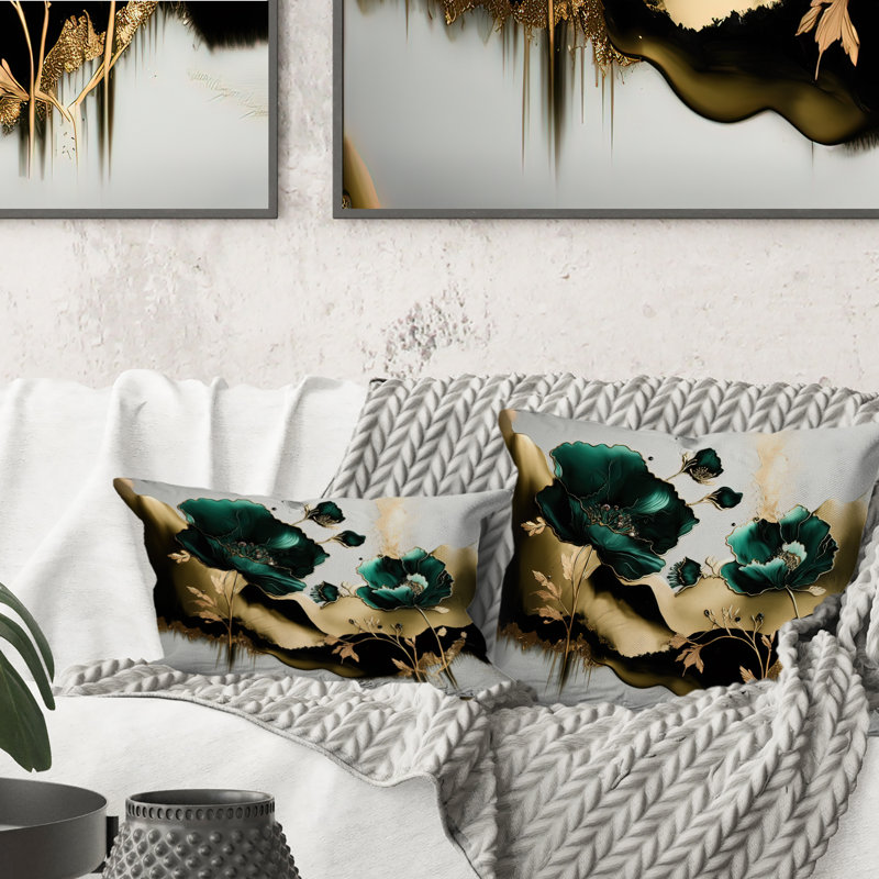 Or et vert coquelicot floral Euphoria II - coussin imprimé coquelicots, H 18 po x l 18 po, Carré