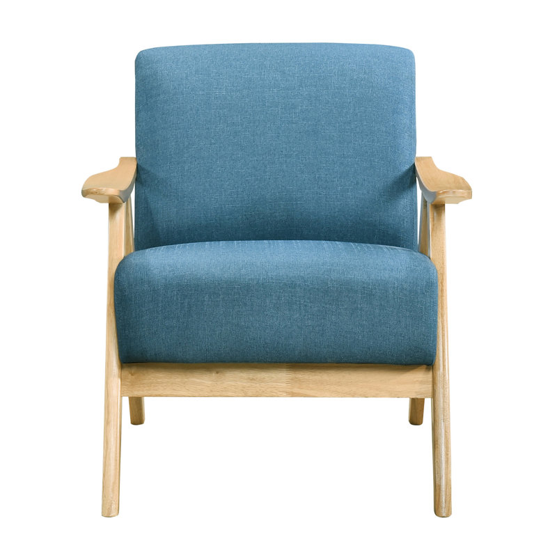 Chaise confortable avec revêtement bleu et base en bois d'hévéa massif avec structure en bois et finition naturelle pour la décoration intérieure