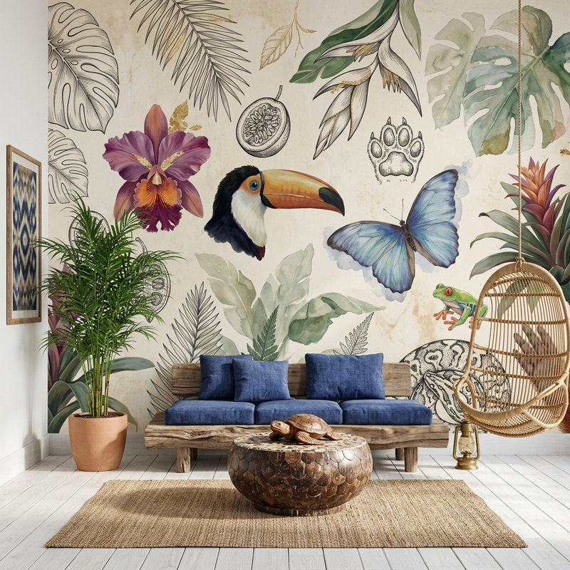 Papier peint tropical avec papillon bleu Toucan, Texturé non collé, 160 po x 108 po