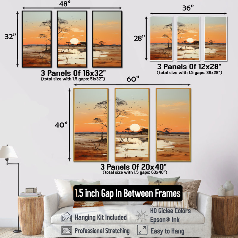 Paysage africain, coucher de soleil I - ensemble d'art mural sur toile Afrique, Cadre flottant noir