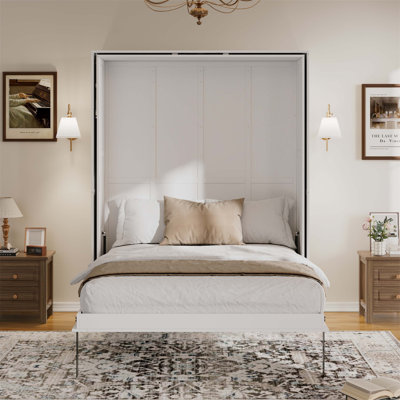 Rotating Queen Murphy Bed With Hidden Storage Racks, Space-Saving Multifunctional Wall Bed For Home Office & Small Rooms, White