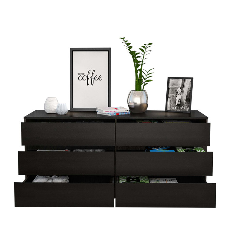 Commode double 6 tiroirs Asteria, poignées en métal - Noir