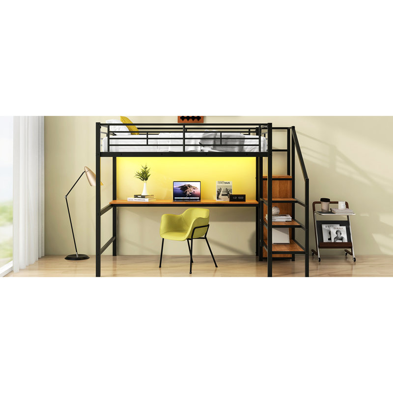Lit mezzanine double en métal, bureau, escalier de rangement, petite armoire, DEL colorée, stable, tendance, Noir