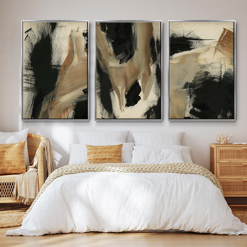Baked Paintstrokes I, ensemble de 3 toiles encadrées sur toile, Argent, H 27 po x l 54 po
