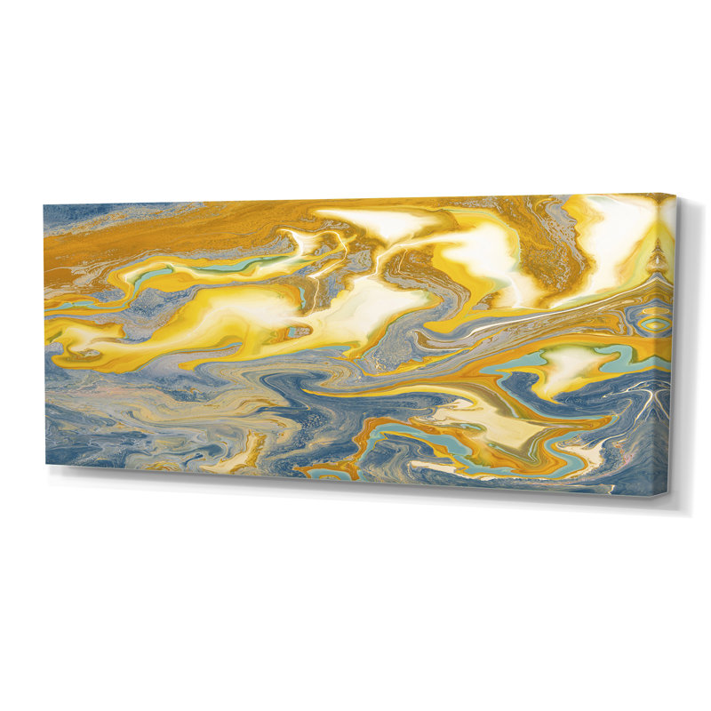 Jaune et bleu vagues de marbre I - peinture sur toile, H 28 po x l 60 po x P 1,5 po, Toile tendue