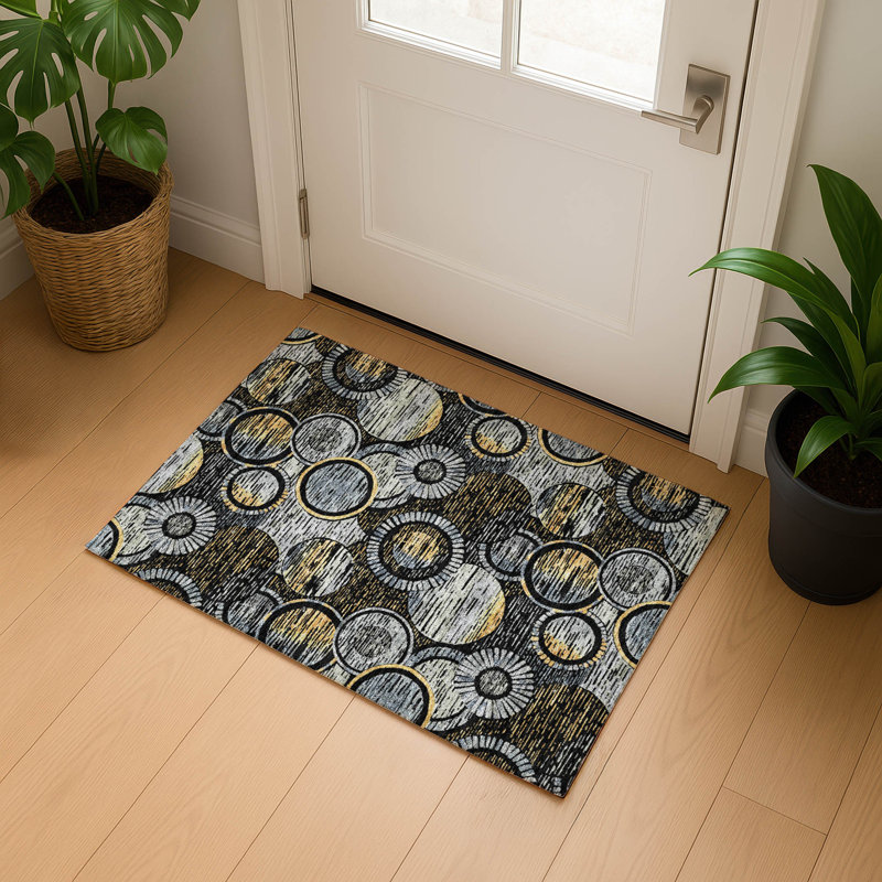 Premium Machine Washable Mayfield AMF2206 geometric Rug, 1'8" x 2'6", Black