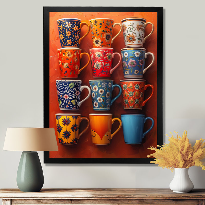 Tasse de café rouge et bleu Boho Morning I - Coffee Wall Art Living Room, Cadre flottant brun, H 16 po x l 32 po
