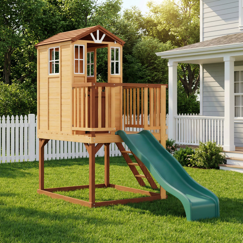 Outdoor Wooden Playhouse For Kids - Fir Tree House With Slide, Climbing Ladder & Play Kitchen, Brown