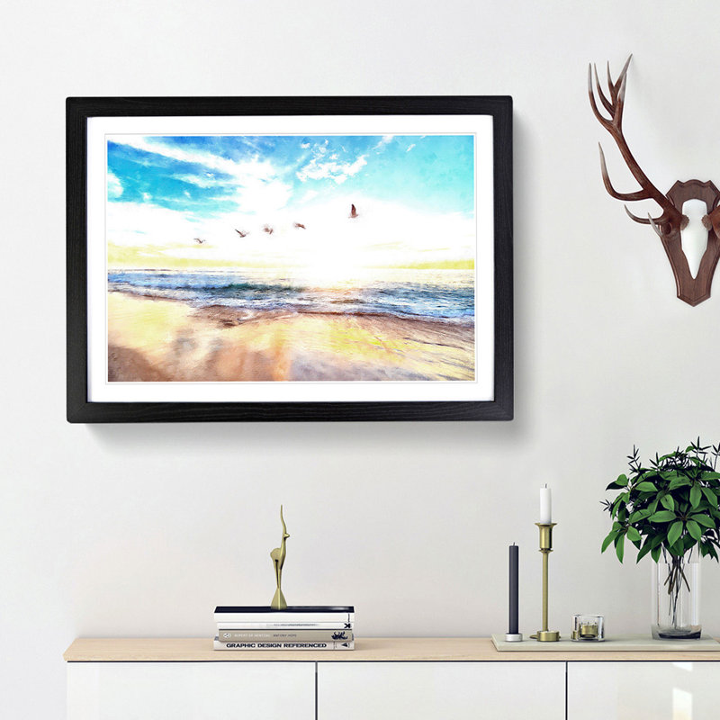Seagulls Over A Beach In San Diego - Single Picture Frame Painting on MDF, 33cm H x 45cm W x 2cm D, Black Framed