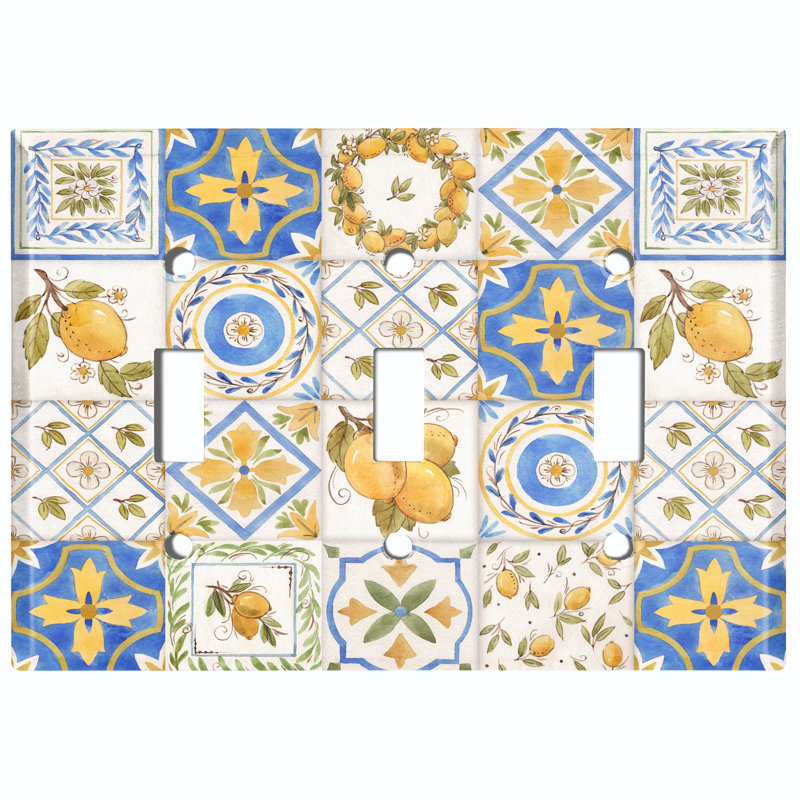 Yellow Lemon Blue Coastal Tile White 3 - Gang Toggle Light Switch Standard Wall Plate