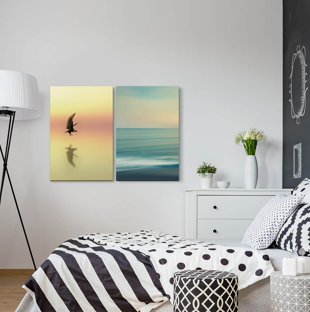 2-tlg. Leinwandbilder-Set - Grafikdruck „Eagle Sea Horizon Freedom Bald Eagle Waves Calm”