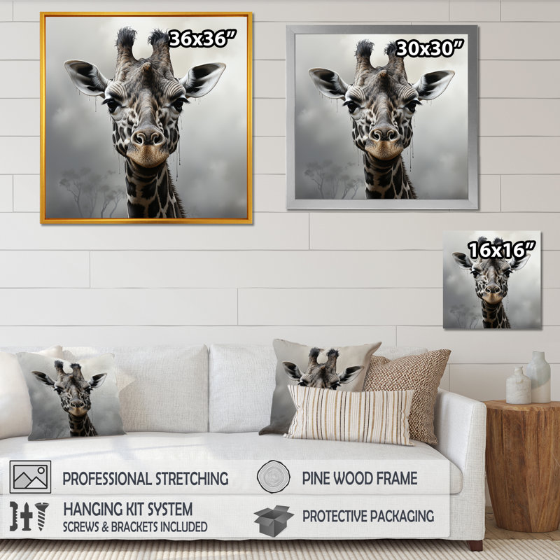Impression sur toile de girafe minimaliste noir et blanc I, H 16 po x l 16 po x P 1 po, Toile tendue