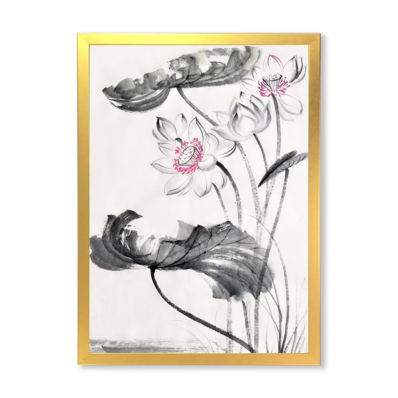 Fleurs de lotus rétro - reproduction sur toile, H 40 po x l 30 po x P 1,5 po, Toile encadrée d'or