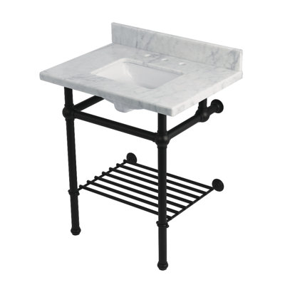 Lavabo console en marbre Carrara de 30 pouces avec pieds et tablette en laiton Kingston Templeton (8 pouces, 3 trous)