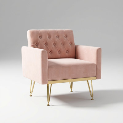 Luxurious Velvet Upholstered Armchair with Tufted Backrest and Gold Metal Legs for Living Room and Bedroom Seating
