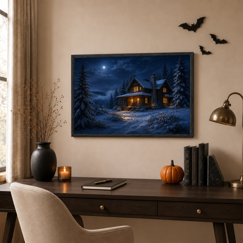 Cabane en bois rond enneigée aux fenêtres illuminées sous une toile murale d'Halloween, 18"H x 24"W