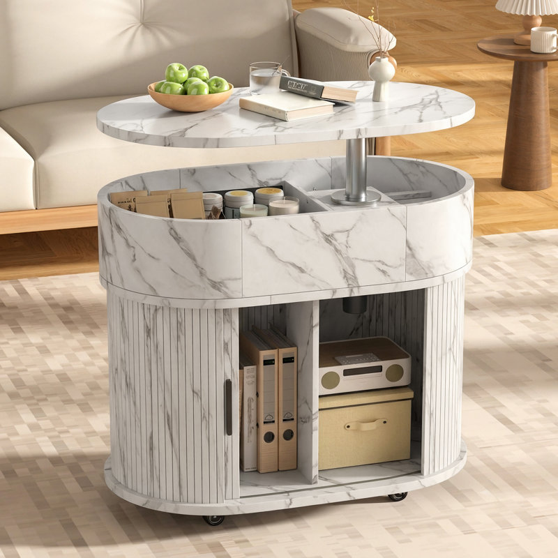 Table basse ovale relevable de 71 cm de large avec rangement et roulettes, Marble