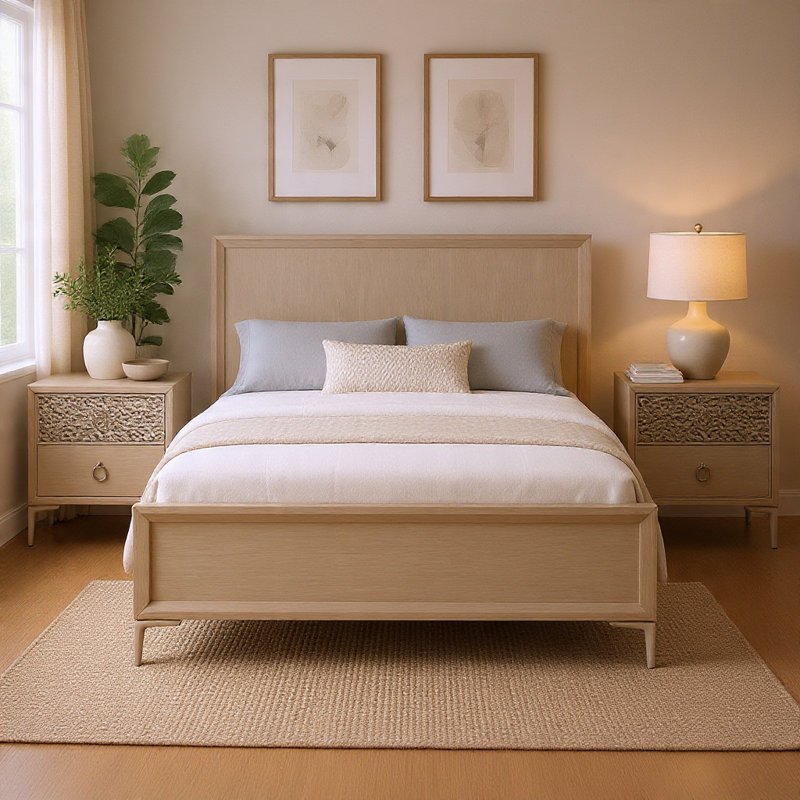 Ensemble de chambre pour grand lit, chêne naturel, argent, champagne, ensemble de 3 pièces avec 2 tables de chevet