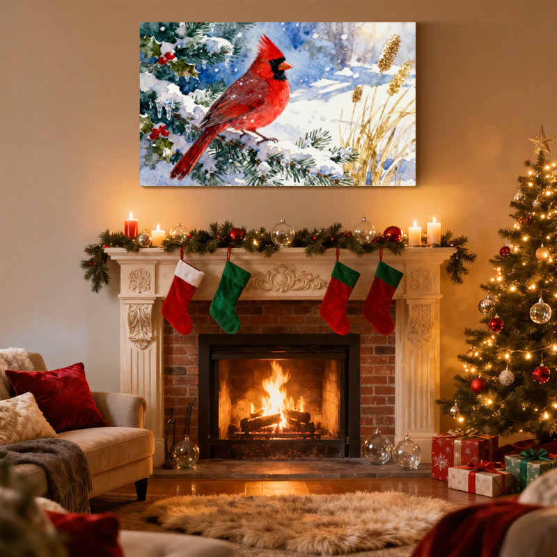 «Christmas Winter Cardinal Snowy Branches», ensemble de 3 reproductions d'art sur toile, H 16 po x l 24 po