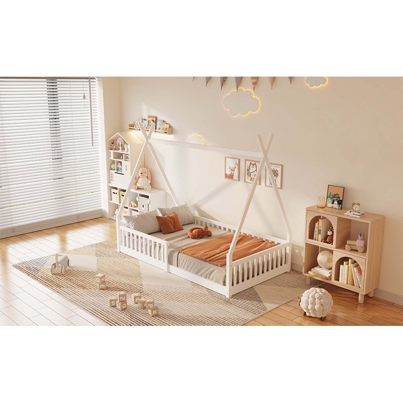 Lit en bois avec clôture, White
