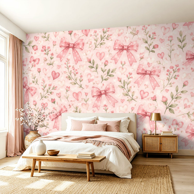 Papier peint adhésif pelez et collez, cœur rose, motif floral, brins botaniques délicats, pastel, art mural, auto-adhésif et amovible