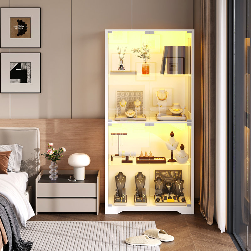 Vitrine à 4 niveaux en verre moderne avec portes à loquet magnétique, vitrine minimaliste de 65 po de hauteur pour les objets de collection, les livres et le rangement des trophées, pour le salon, la chambre à coucher et le bureau