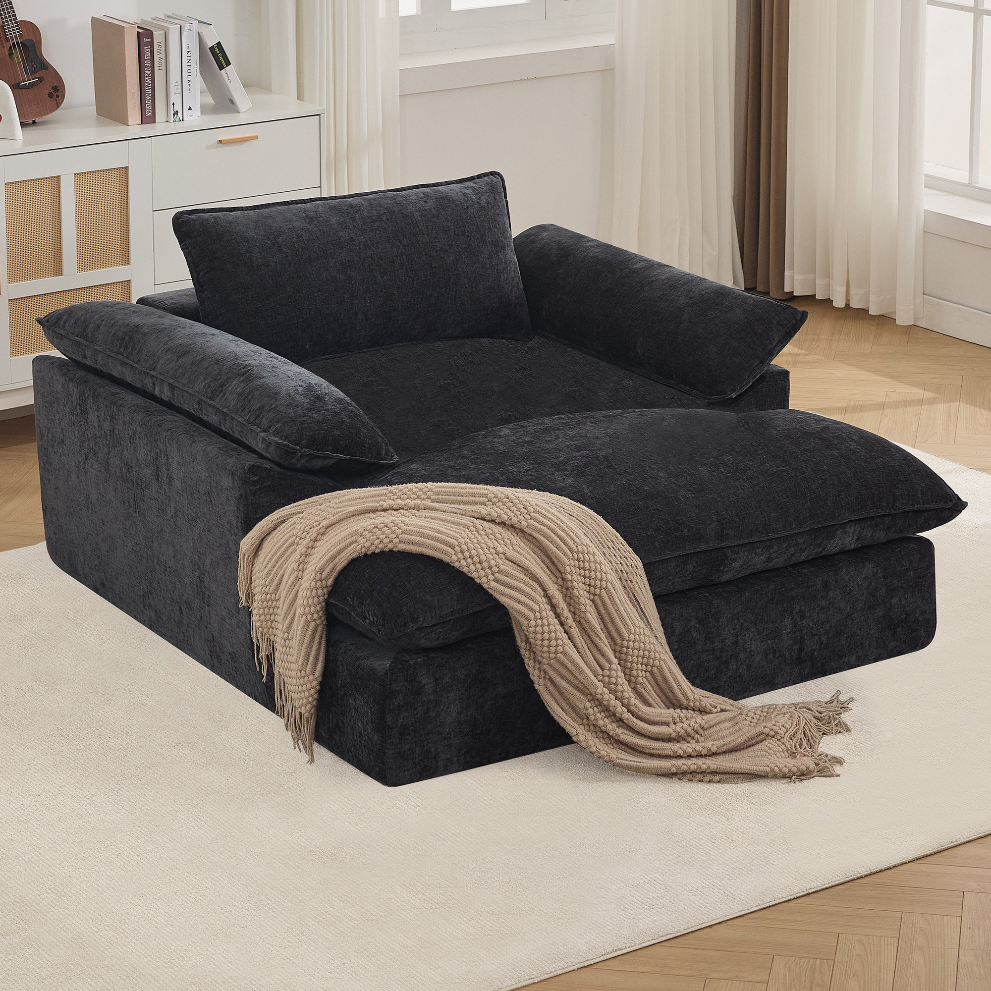 56.7" D Chenille Upholstered Boneless Chaise Lounge Chair, No Assembly