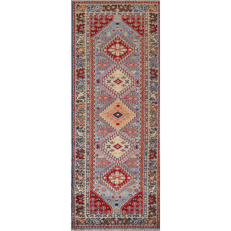 Tapis de couloir oriental bleu clair Kazak 3 x 8