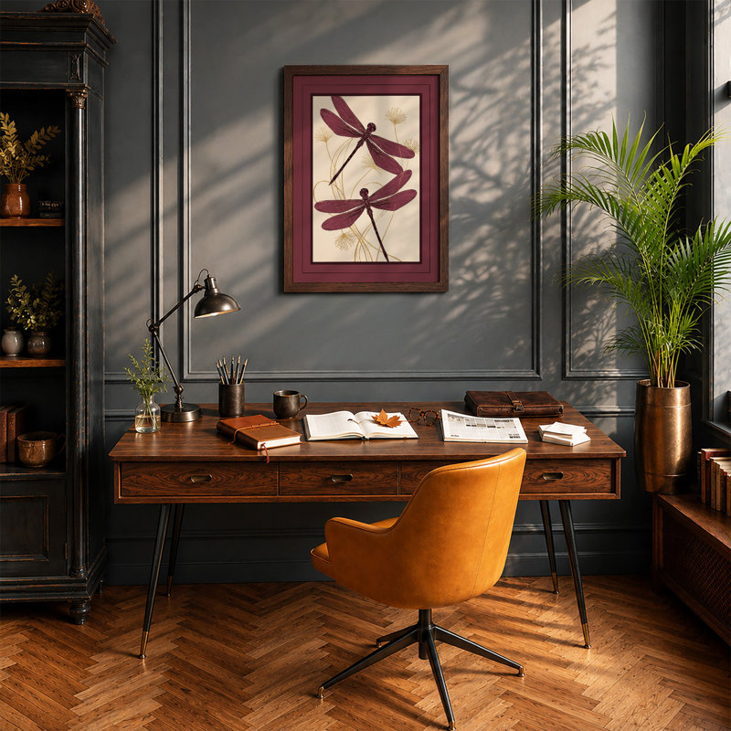Dragonflies in Motion Botanical - Framed Print, A4 - 29.7 x 21.0 cm, Walnut