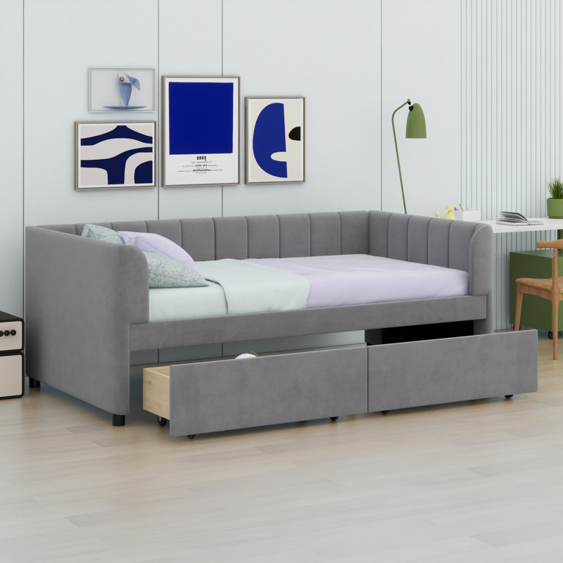 Lit de jour rembourré avec dossier ergonomique et tiroirs, Gris