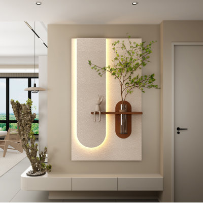 Adjustable 3-LED Sandstone Wall Decor with Simulated Green Plants - 3D Art Sculpture, Glass Vase & Rabbit Statue, Remote Control Light Strips for Living Room, Bedroom, Hallway