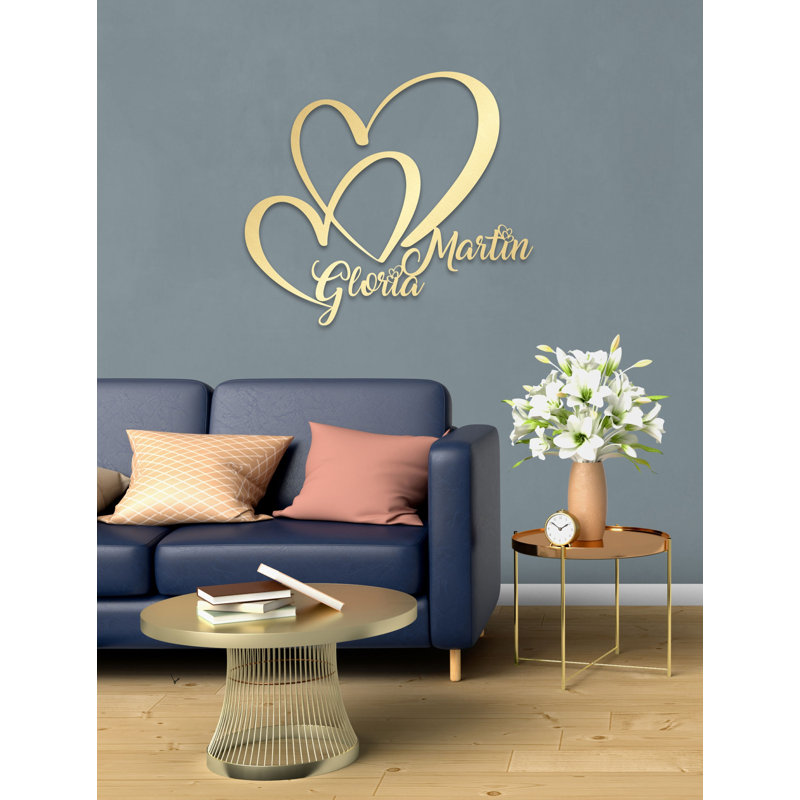 Décoration murale personnalisée en métal double cœur et amour pour la Saint-Valentin ou cadeau de mariage, Oui, Or mat
