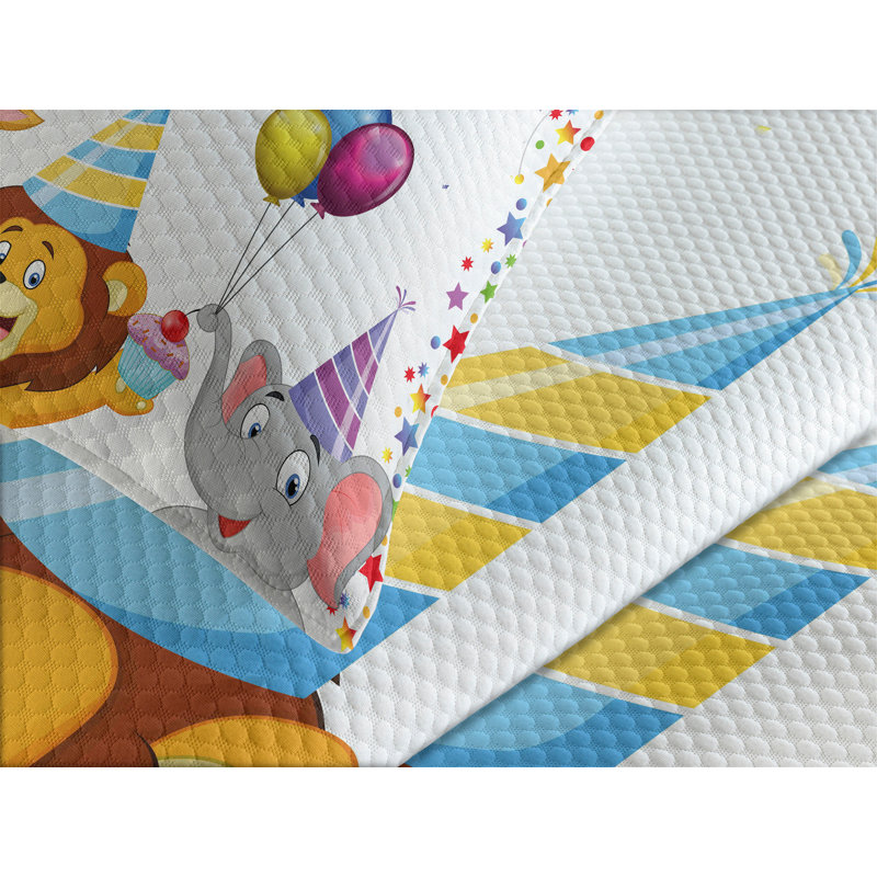 Ambesonne Birthday Bedspread Set 3 Pcs Cartoon Animals Party Queen Multicolor