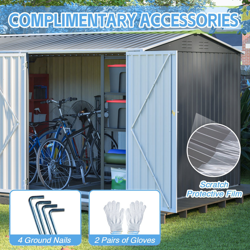 [8x12 Ft Gray Heavy-duty Steel Outdoor Storage Shed]– Xl Building With Window, Hinged Doors & 4 Air Vents For Backyard, Garden & Patio​