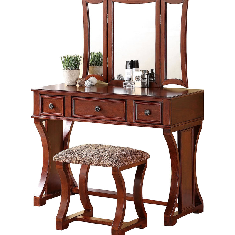 Modern Bedroom Vanity , Finish, Stool, , Rustic Wood Style W/ Veneer, Pine Design, Cherry