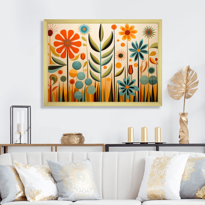 Red Mid Century Mod Nature Framed On Canvas Print, Single Picture Framed, 24" H x 32" W, Gold