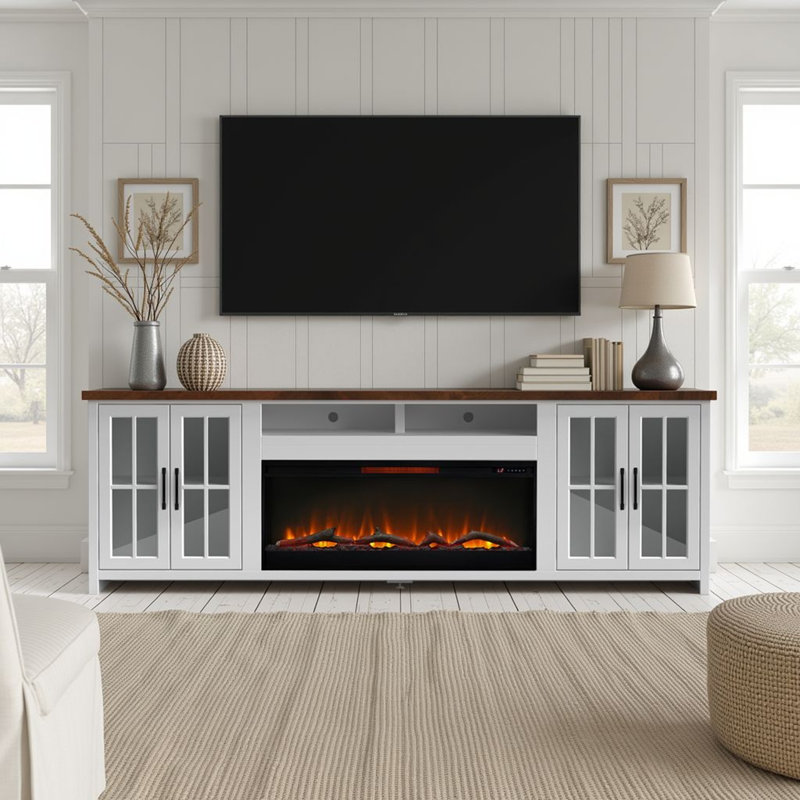 Brixham 97 inch Solid Wood Fireplace TV Stand Console for TVs up to 100 inches, Two-Tone Finish