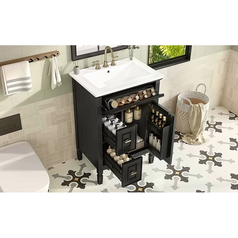 Meuble-lavabo de 24 po avec lavabo, armoire en bois massif et panneau de fibres à densité moyenne avec un tiroir rabattable, deux tiroirs standard et une tablette réglable, meuble-lavabo noir autoportant pour le rangement de la salle de bain