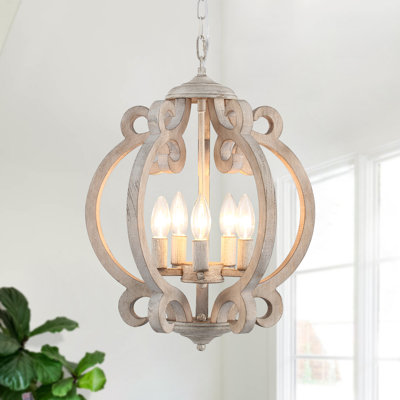 Plewak 5 - Light 15.74" Wide Dimmable Distressed Wood Farmhouse Country Geometric Chandelier, Modern Chandelier Rustic Ceiling Pendant Lights for Living Room Bedroom Foyer
